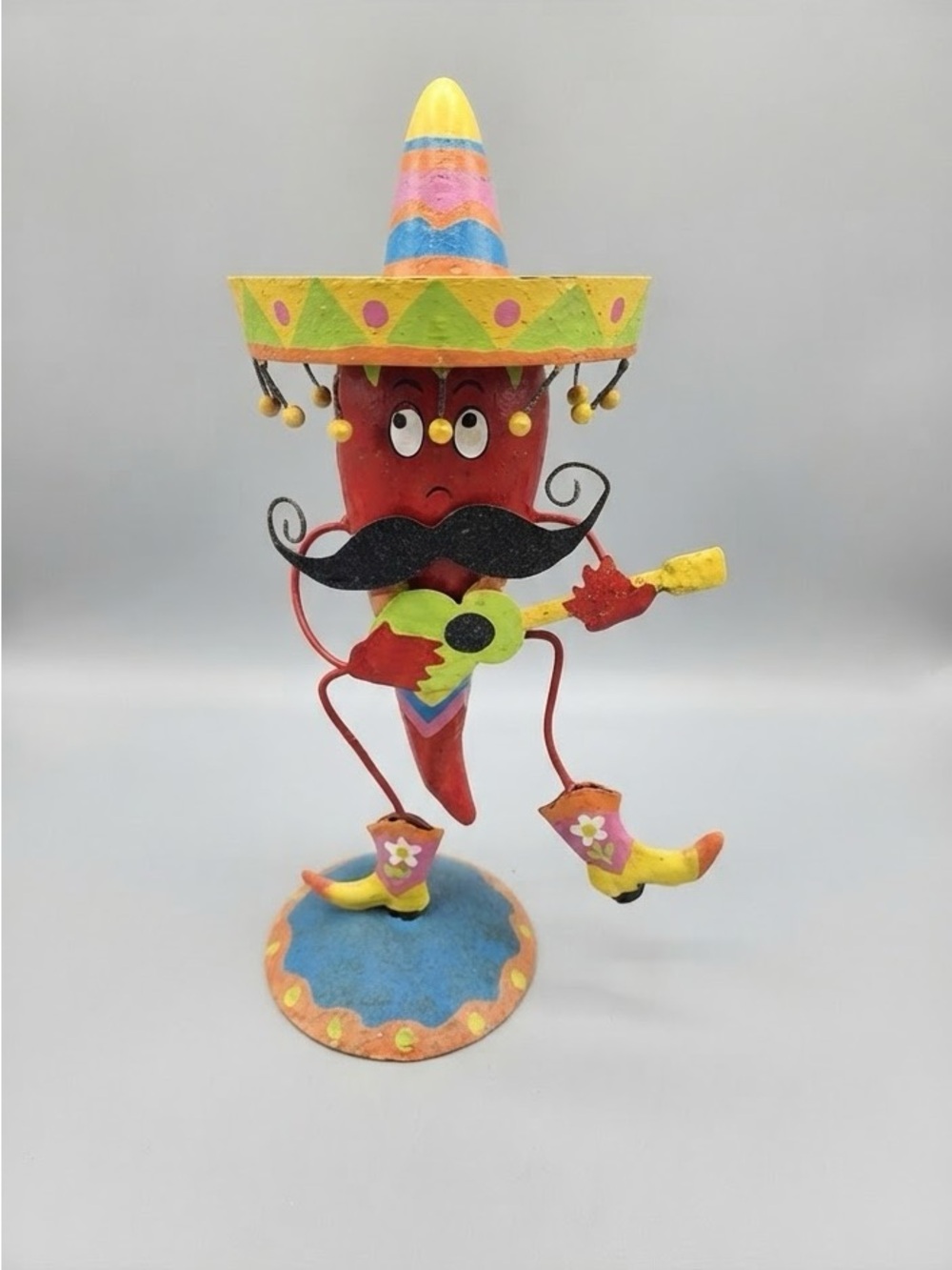 Vintage Artisan Colorful Red Chili Peppy Guitar Figurine with Yellow Hat